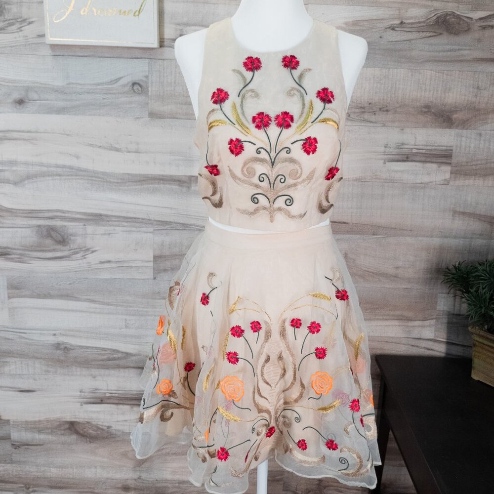bebe Beige Floral Embroidered Two-Piece Dress with Pink & Orange Flowers